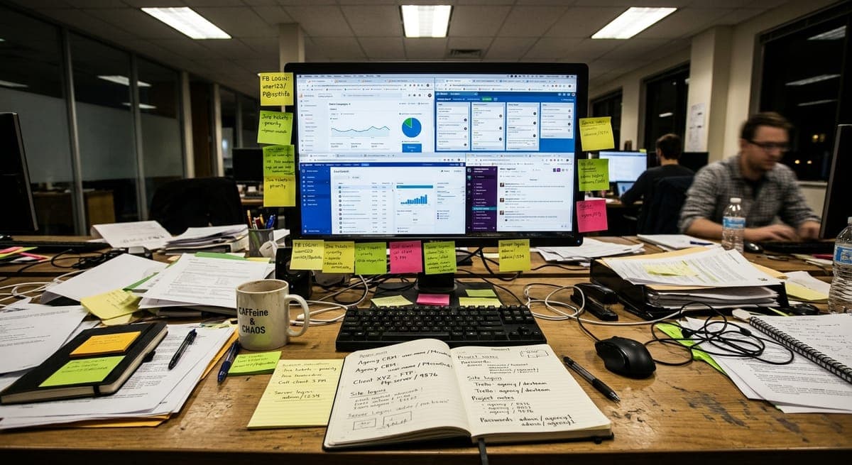 Cluttered agency desk with overlapping browser dashboards and scattered notes showing SEO workflow disorganization