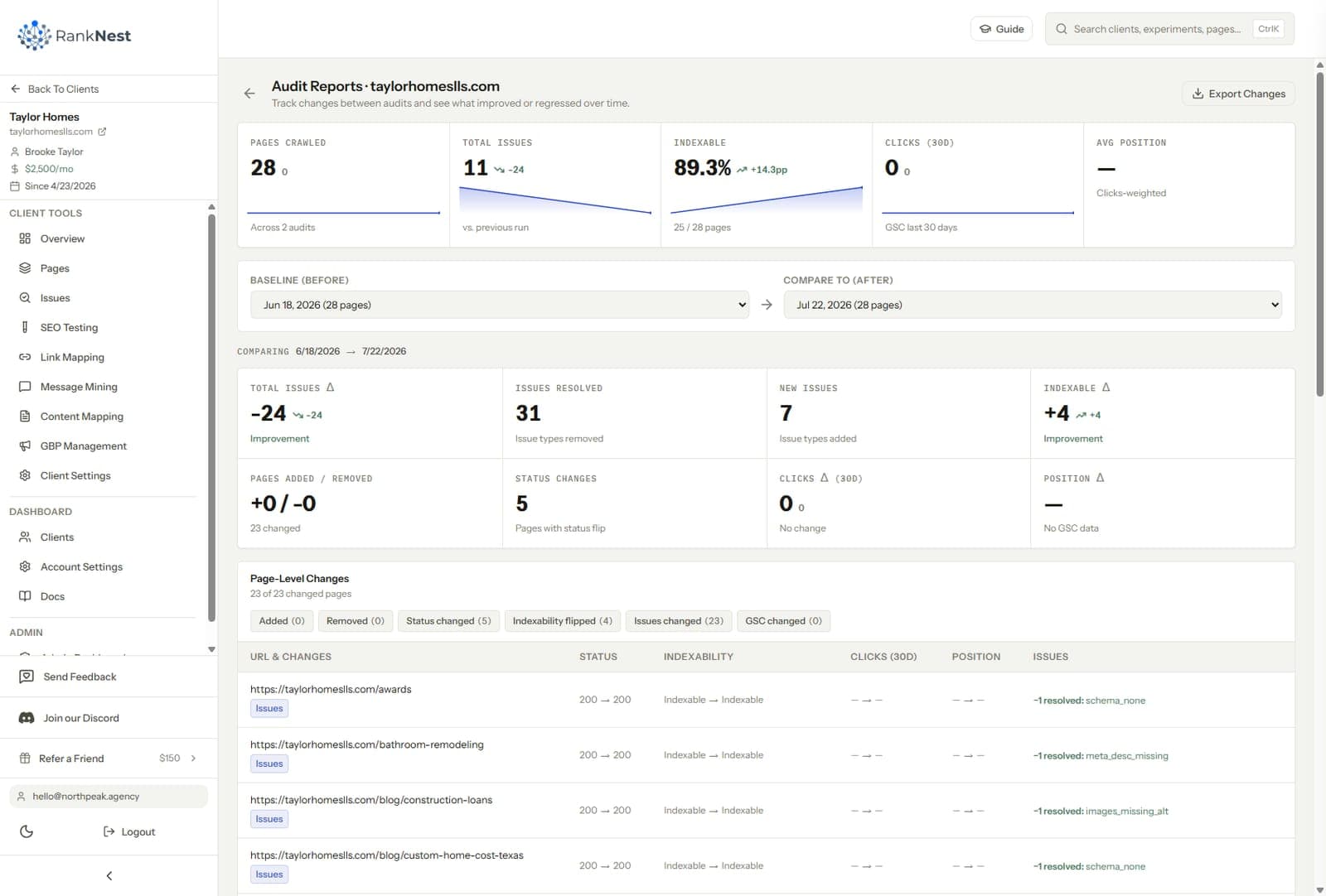 Audit comparison view showing issues resolved, new issues, and page-level changes between two crawls