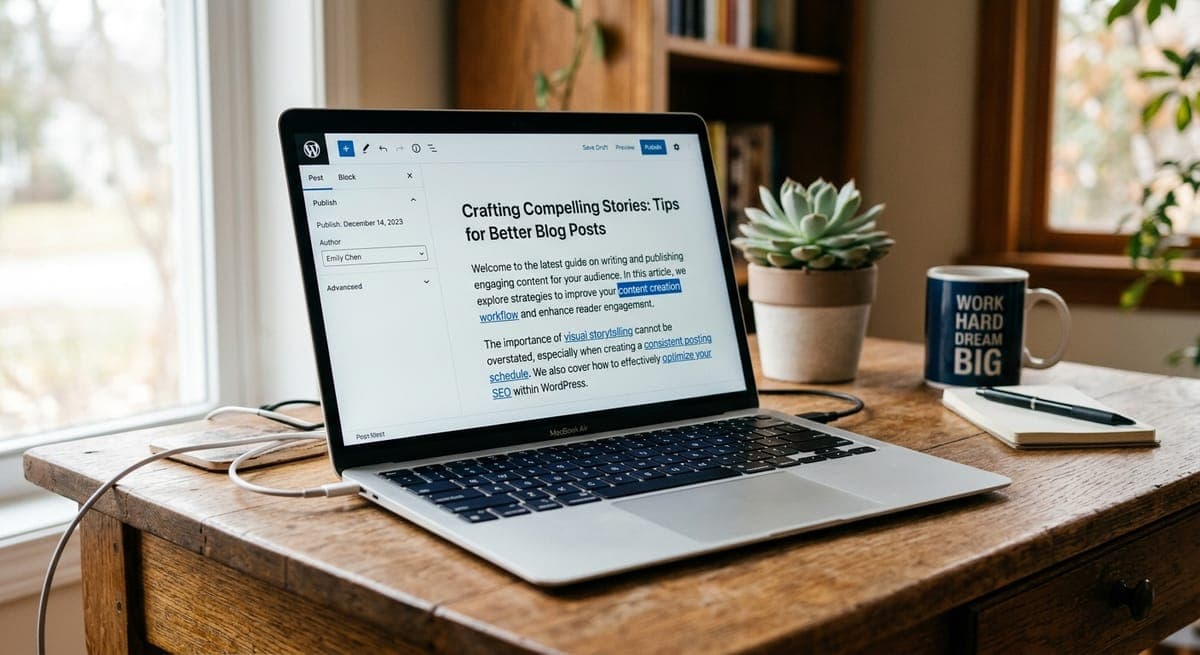 WordPress editor with internal links highlighted in blue, illustrating Link Whisper's link suggestion feature for bloggers