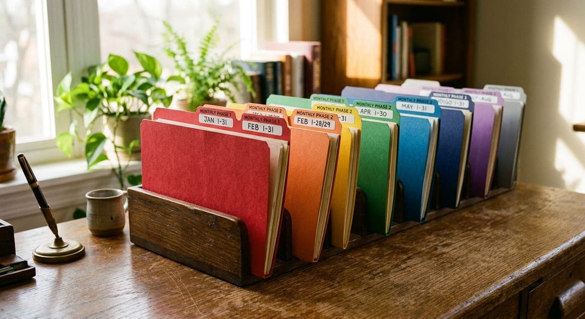 Color-coded workflow folders arranged in sequence on a desk, representing a standardized SEO delivery system with repeating client processes