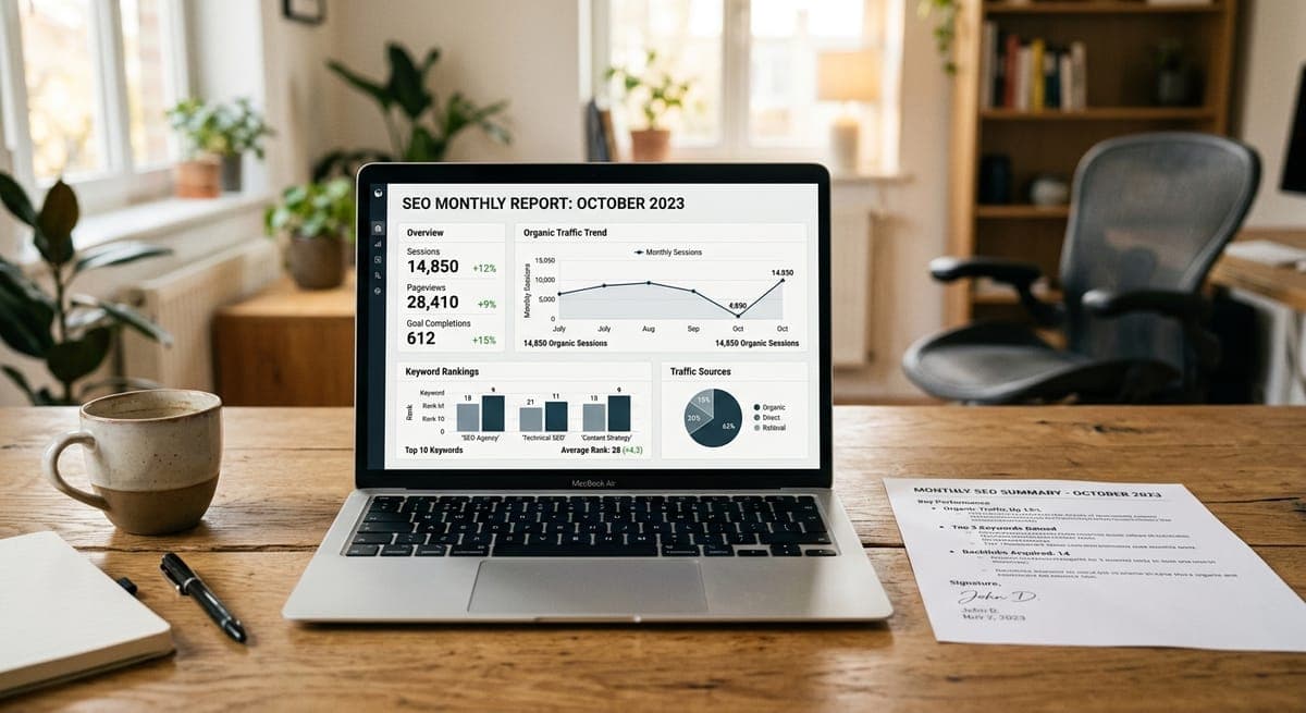 Clean SEO reporting dashboard on laptop beside a concise one-page monthly client report summary on a wooden desk