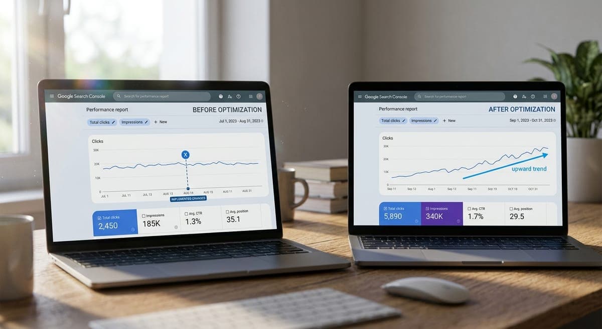 Google Search Console dashboards on two laptops comparing before and after SEO testing traffic data with annotated date markers
