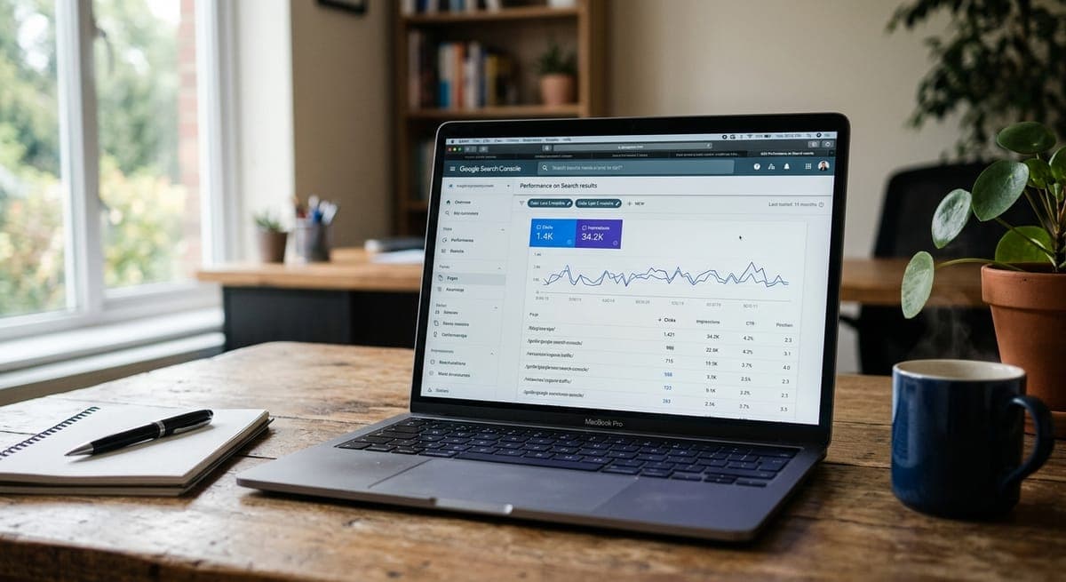 Search Console Performance report showing page impressions, CTR, and position data for identifying SEO test candidates