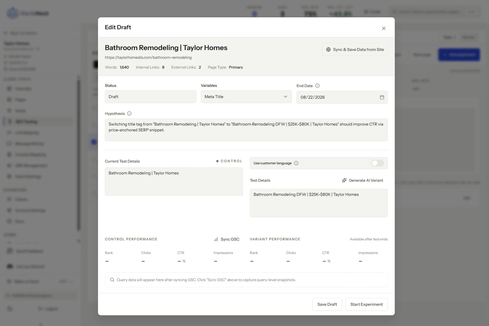 SEO experiment setup screen with hypothesis field, test variable, and end date before the change ships