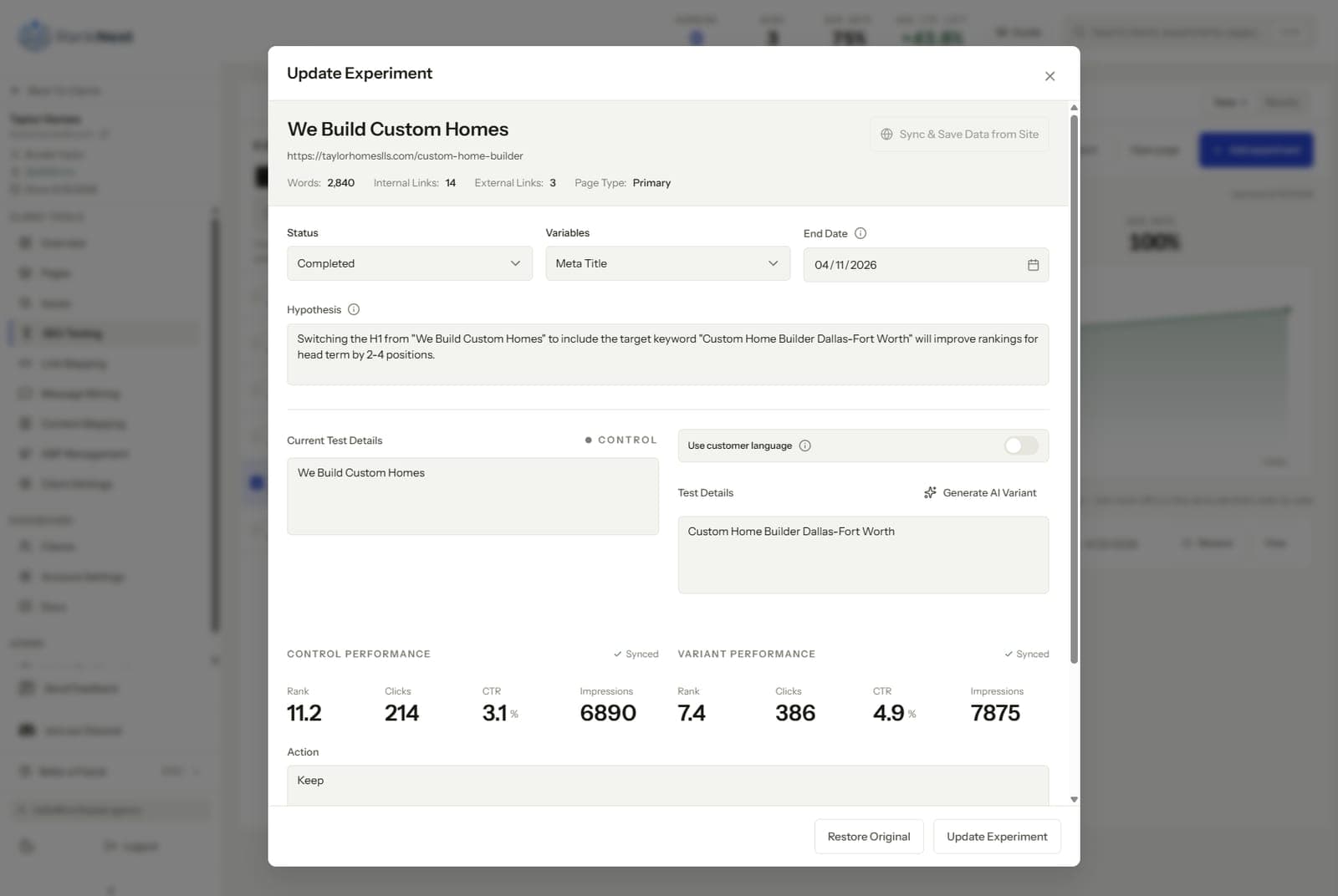 Completed SEO title test showing control versus variant rank, clicks, CTR, and impressions side by side