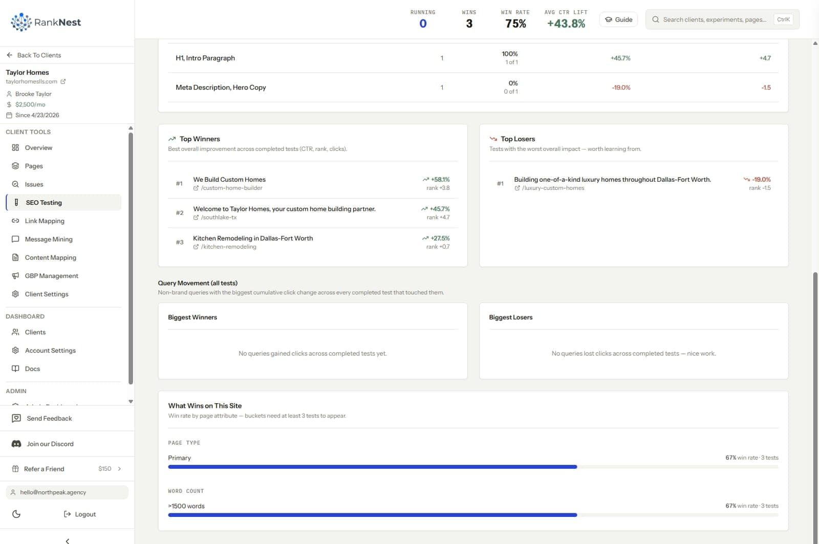 SEO test results list showing both winning and losing experiments with their measured deltas