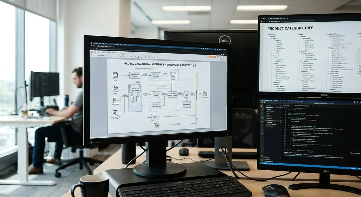Computer screens showing e-commerce internal linking automation systems and product catalog architecture for large-scale SEO
