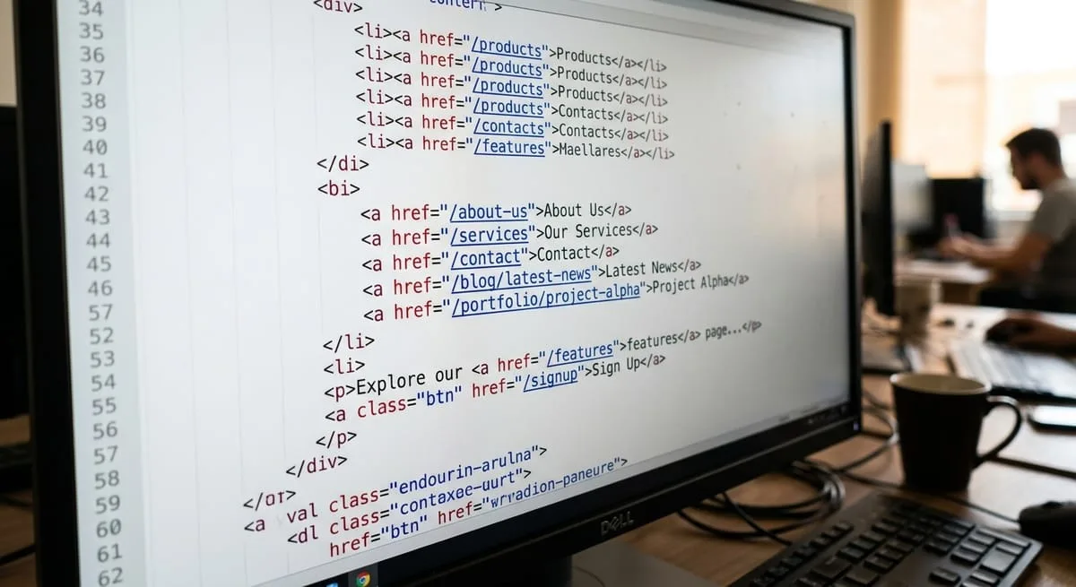 Computer screen showing HTML code with internal linking anchor tags and hyperlinks for SEO optimization