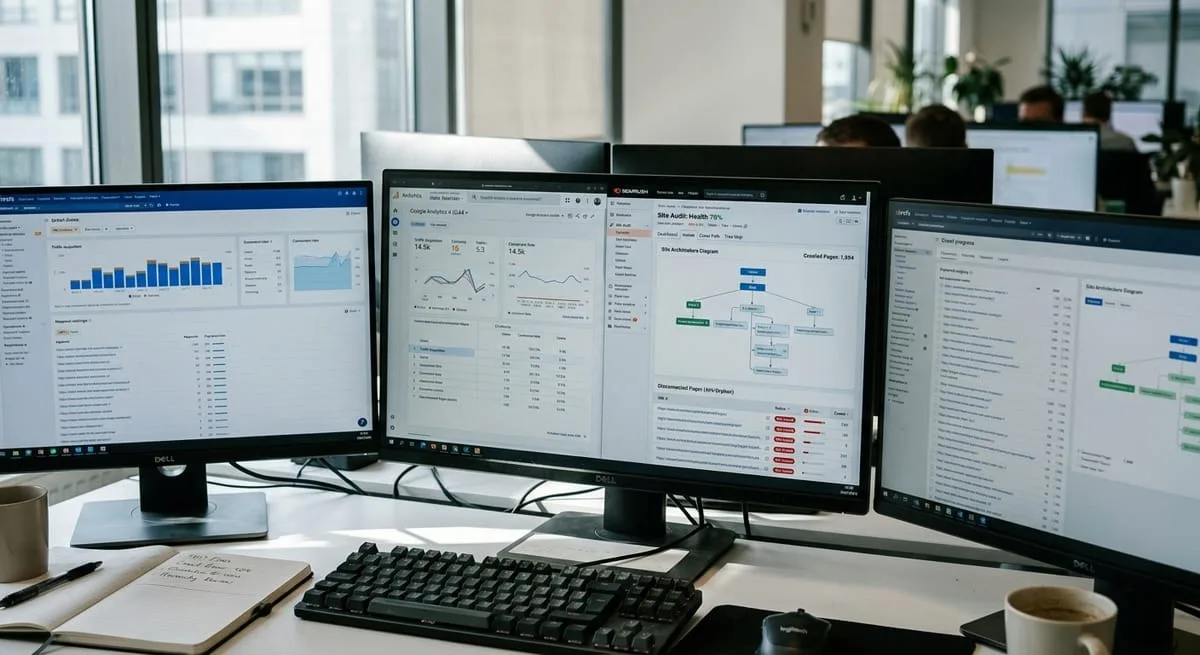 Multiple computer monitors showing SEO audit dashboards with orphan page detection tools and website crawl data