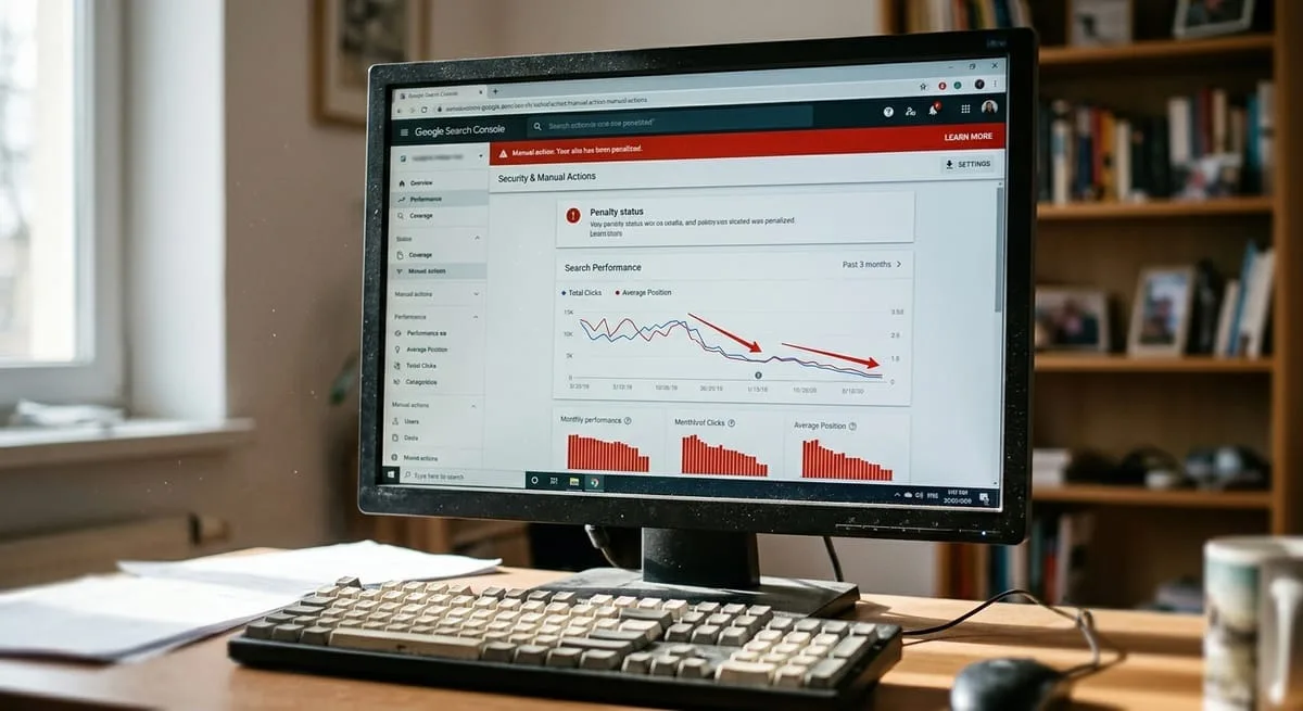 Google Search Console dashboard showing SEO penalty warnings and declining rankings from anchor text over-optimization