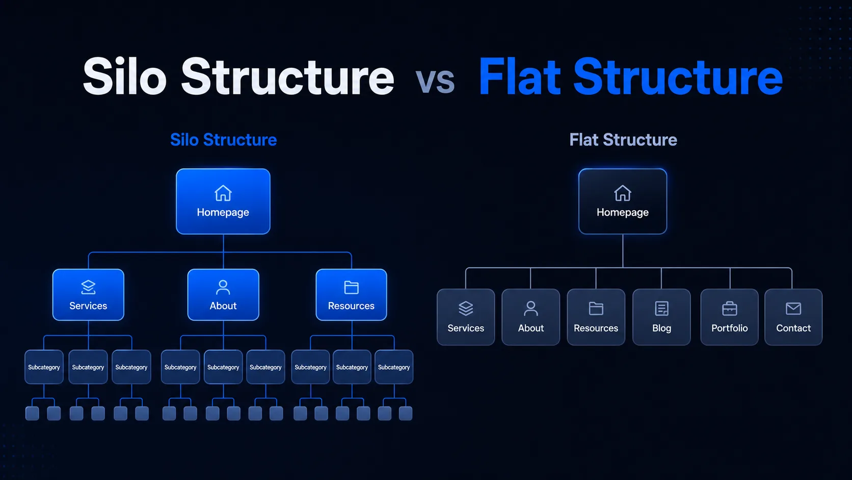 Infographic comparing silo structure vs flat structure for website architecture, showing a deep hierarchical sitemap on the left and a flatter one-level sitemap on the right using RankNest’s dark navy and blue brand colors.
