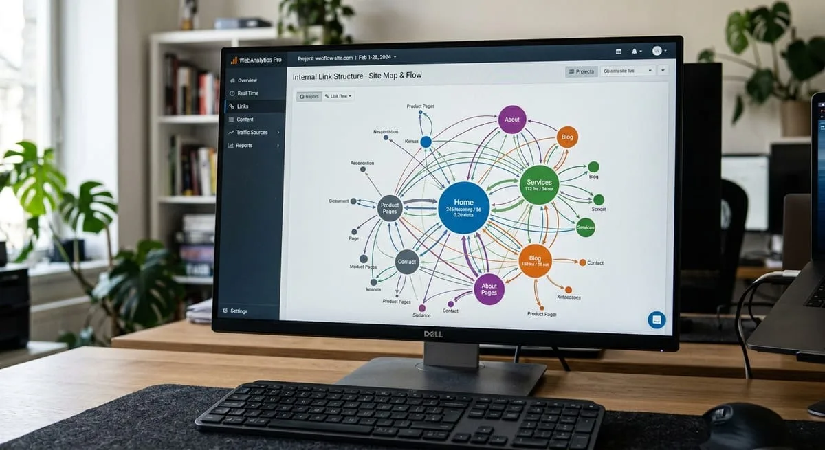 Website analytics dashboard showing internal link structure audit data and page connection patterns on computer screen