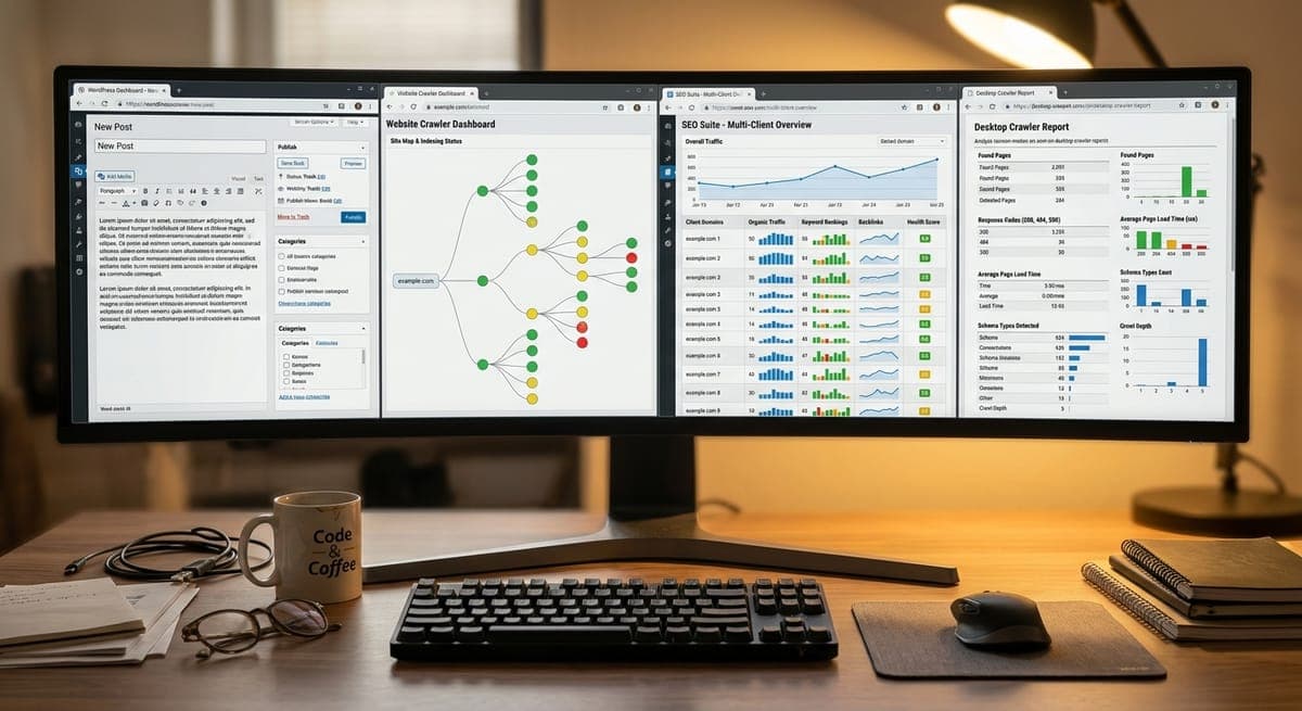 Four different internal linking tool categories displayed across browser tabs on a desktop monitor in a natural office setting
