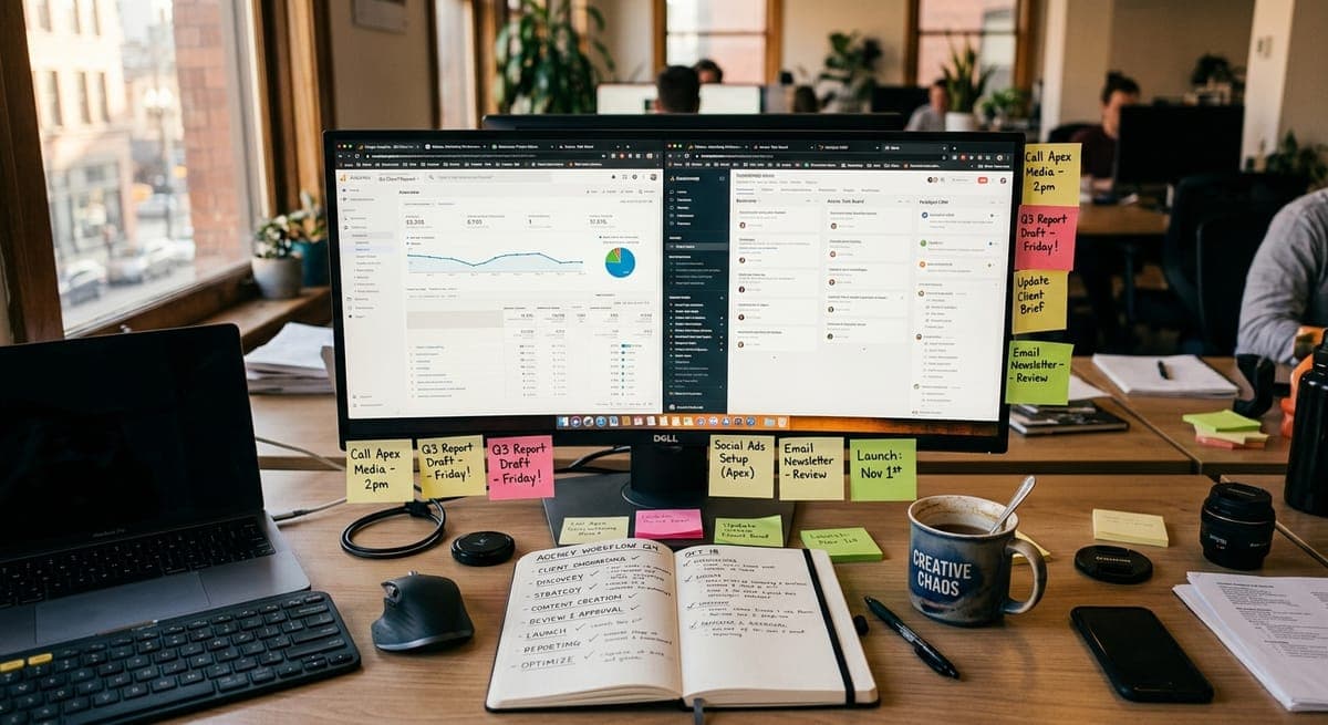 Agency desk with SEO tool dashboards on monitor, handwritten workflow notes, and client task sticky notes for SEO agency work