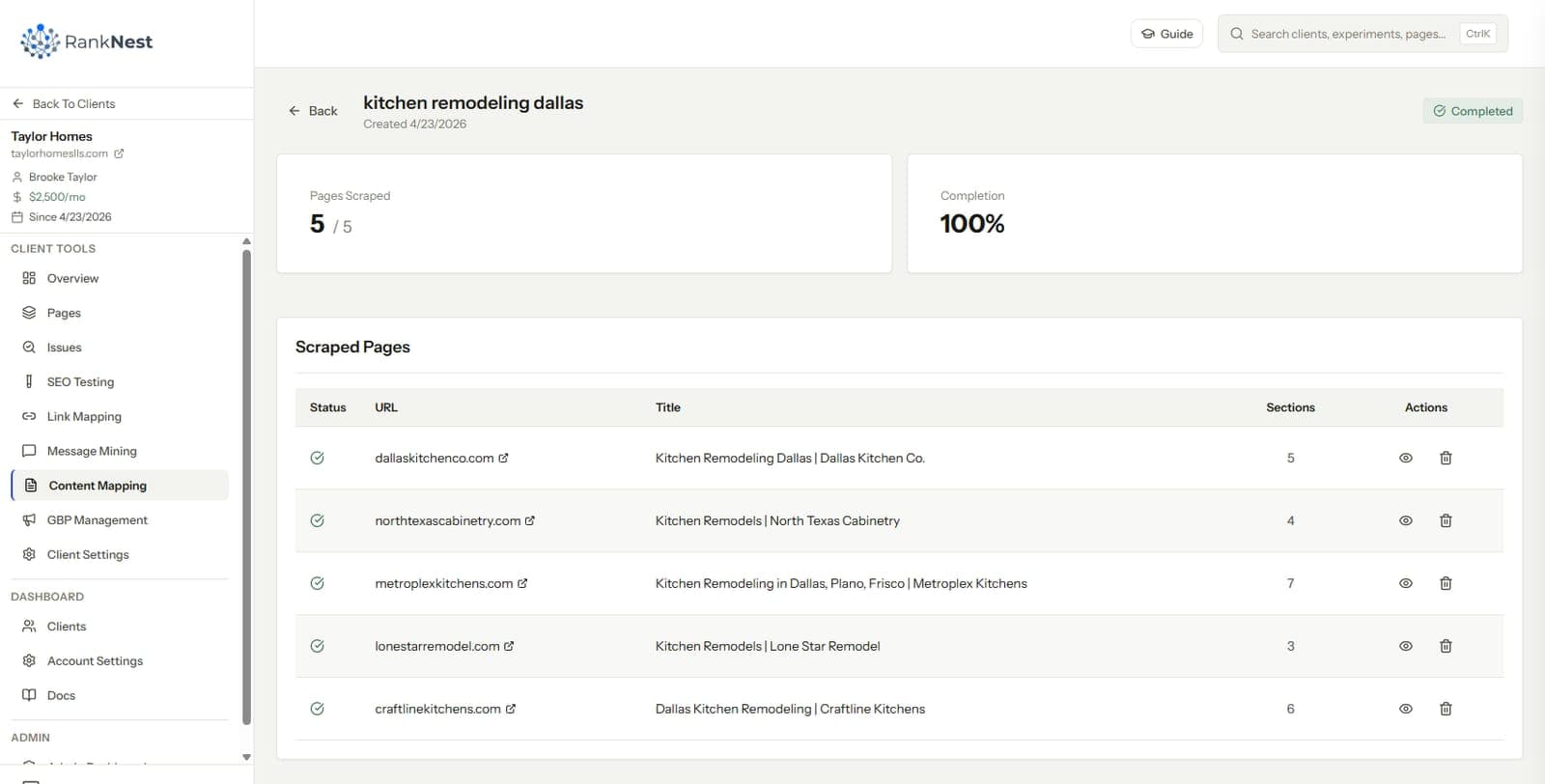 Section scraper results listing competitor pages crawled for a keyword with section counts per page