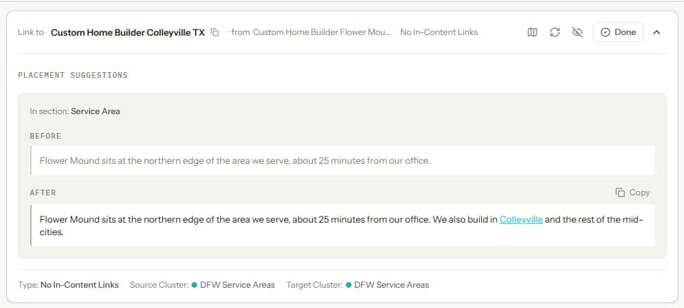 Linking plan showing the suggested anchor text and the exact paragraph placement for a planned link