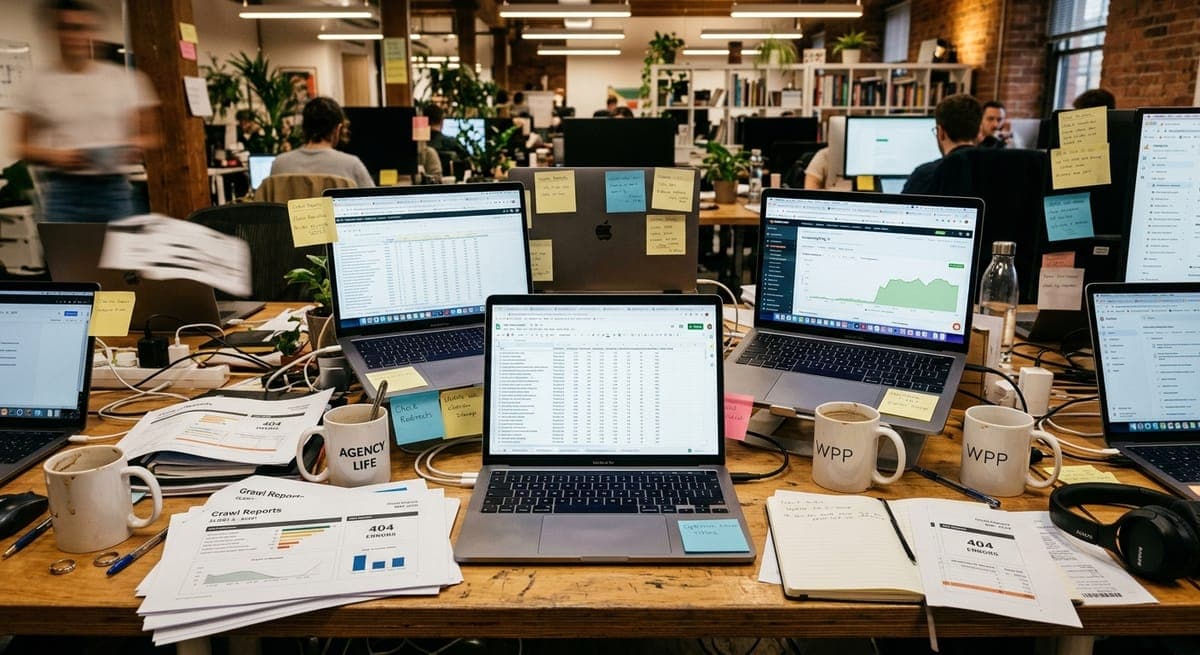 Multiple laptops and spreadsheets spread across an agency desk during an internal link audit across multiple client sites