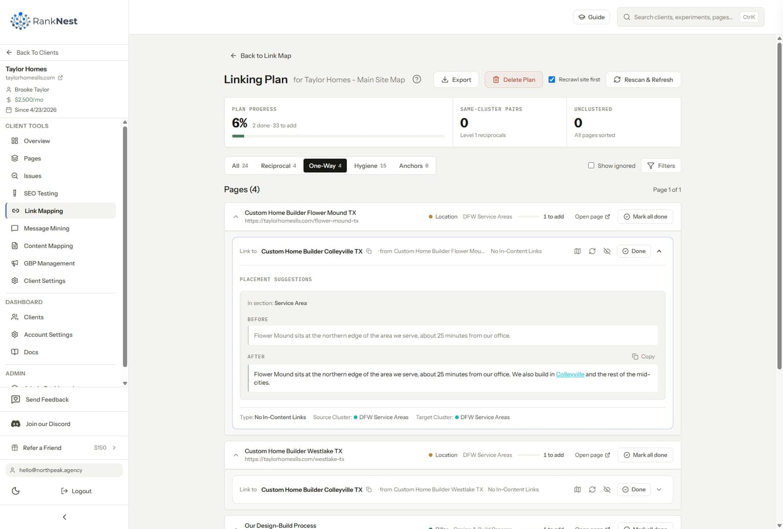 Generated internal linking plan listing source page, target page, and suggested anchor placement in context