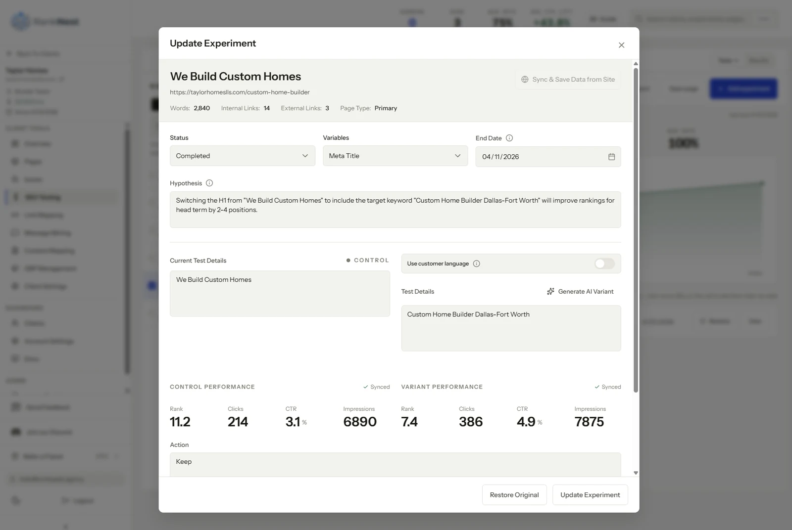 A completed SEO test comparing control and variant performance across rank, clicks, CTR and impressions