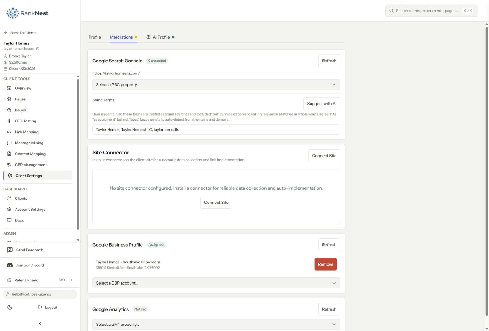 Client workspace integrations screen with Google Search Console and Google Business Profile connected