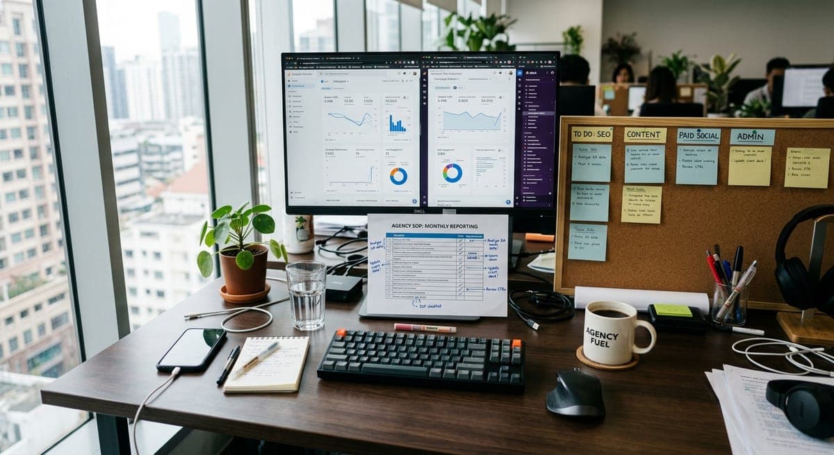 Organized agency desk with SEO analytics dashboards, printed SOPs, and client workflow checklists for scaling multiple clients