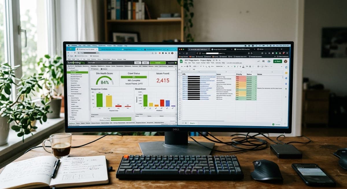 SEO audit dashboards and crawl reports displayed across a monitor for multi-client portfolio management