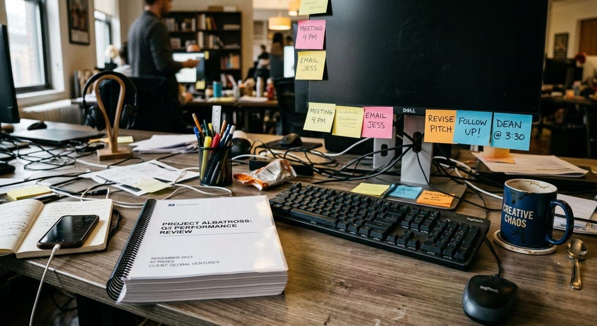 Thick unread SEO audit report sitting unopened on a cluttered agency desk, illustrating why one-off audits fail at scale