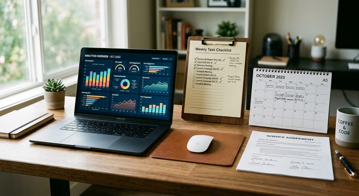 SEO client onboarding workspace with analytics dashboard, signed contract, and 14-day checklist calendar on desk