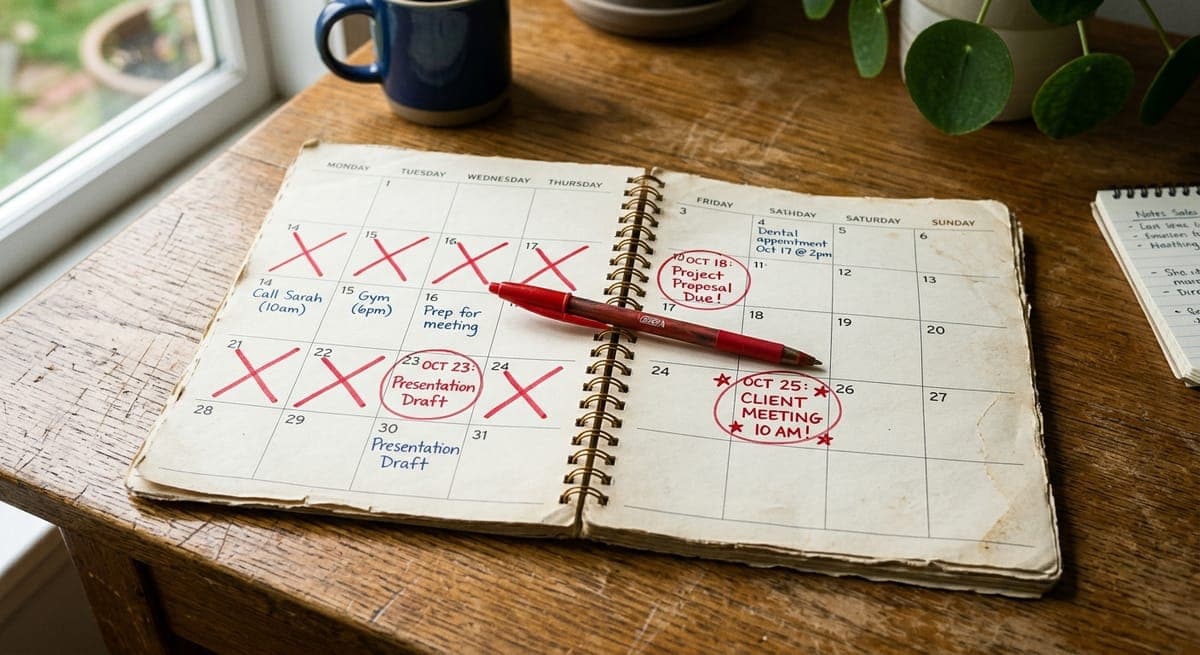 Desk calendar showing a 14-day deadline schedule with circled dates, illustrating why SEO onboarding needs a strict timeline