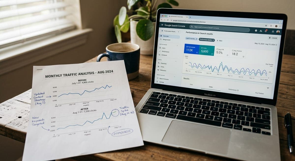 SEO client report with annotated traffic graphs on laptop screen beside printed analytics document showing causation-based reporting